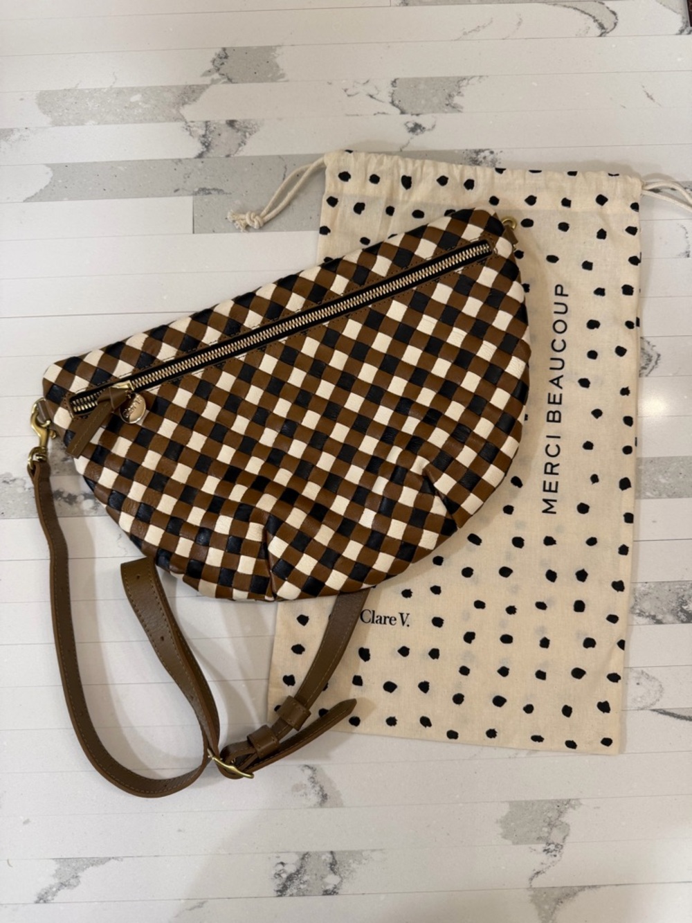 Clare V Brown and Cream Woven Crossbody Bag